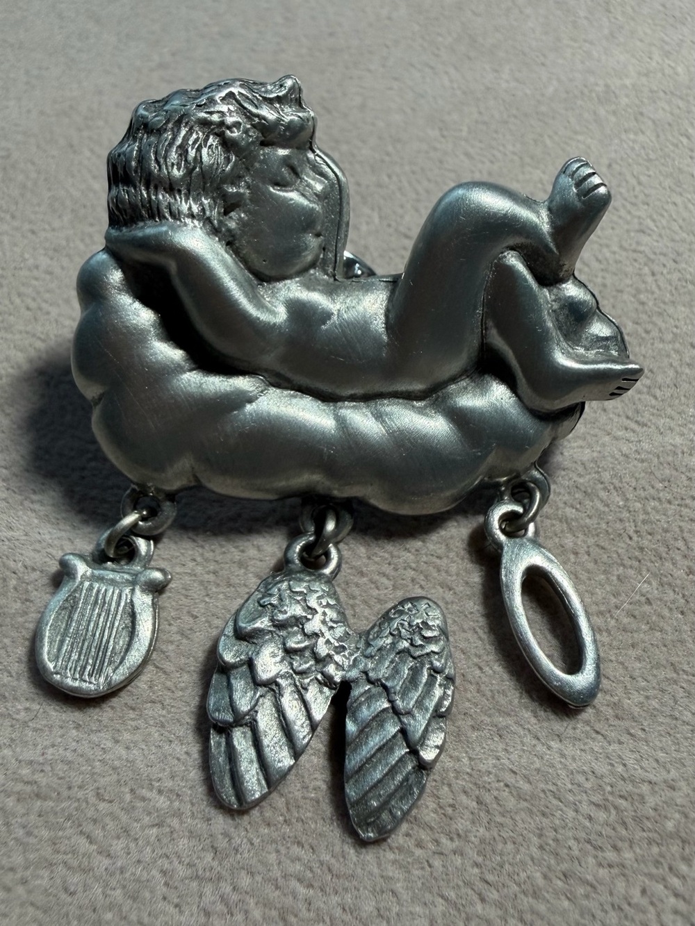 Vintage L.C.D. Pewter Sleeping Angel on Cloud Dangle Lapel Pin